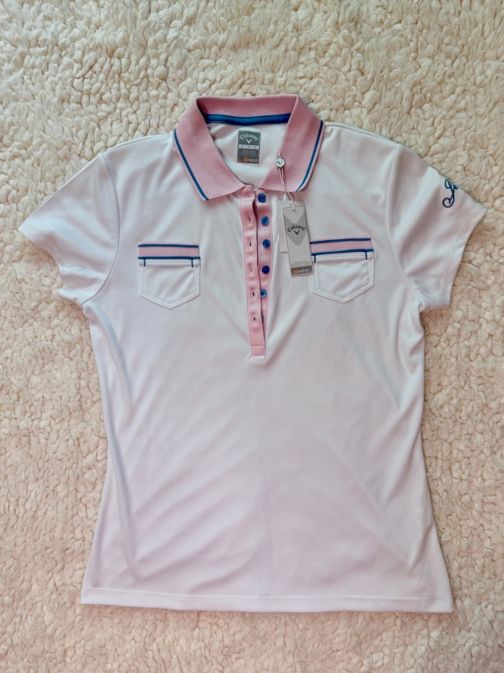 NWT Callaway Opti-Dri Golf Polo Shirt Womens Size M White Pink Blue Short Sleeve